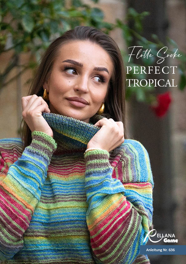 sweter golf na drutach wloczka skarpetkowa Rellana flotte socke perfect tropical woolloop 595x842